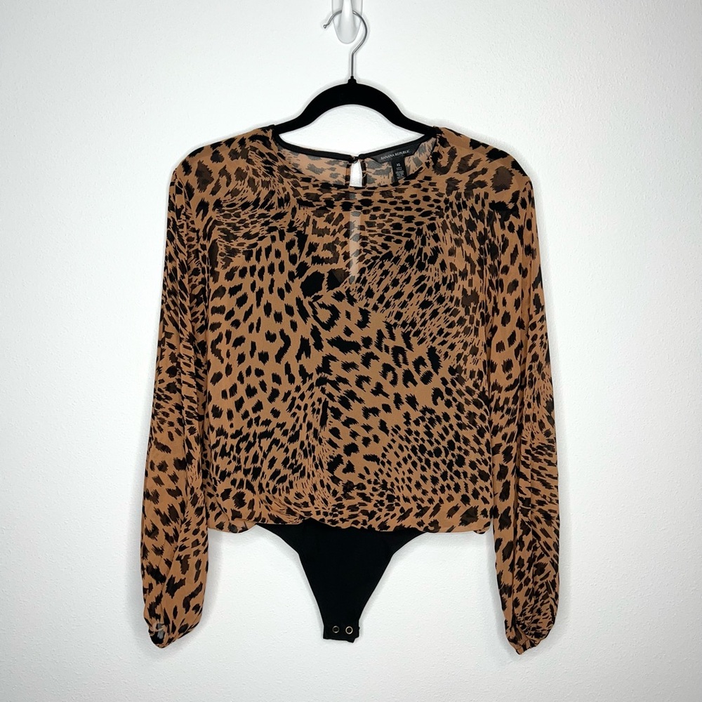 Banana Republic Leopard Print Long Sleeve Blouse Bodysuit Black Brown NWOT